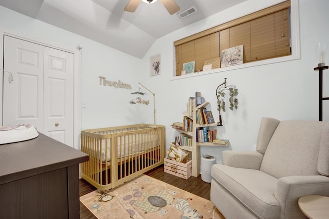 1428 W Lexington St Unit 1, Chicago, IL 60607 - bedroom with a nursery area, wood finished floors, vaulted ceiling, ceiling fan, and a closet