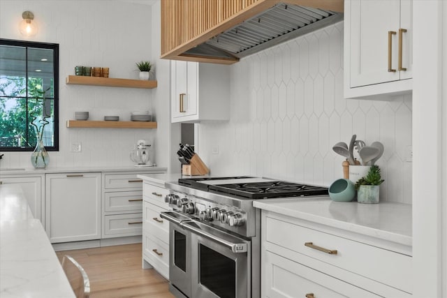 16226 Syd Creek Dr, Homer Glen, IL 60491 - kitchen featuring double oven range, premium range hood, decorative backsplash, and white cabinetry