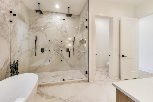 16226 Syd Creek Dr, Homer Glen, IL 60491 - full bathroom featuring a marble finish shower, a freestanding bath, vanity, and marble tiled floors