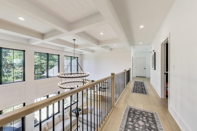 16226 Syd Creek Dr, Homer Glen, IL 60491 - hall featuring a chandelier, beam ceiling, coffered ceiling, light wood finished floors, and recessed lighting