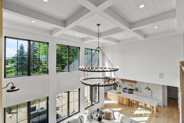 16226 Syd Creek Dr, Homer Glen, IL 60491 - living area featuring light wood-style floors, plenty of natural light, a chandelier, beam ceiling, and recessed lighting