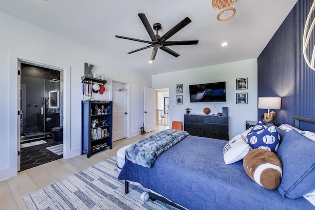 16226 Syd Creek Dr, Homer Glen, IL 60491 - bedroom with light wood finished floors, ceiling fan, recessed lighting, and connected bathroom