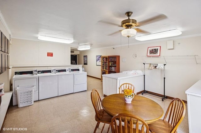 4050 Dundee Rd Unit 209, Northbrook, IL 60062 - dining room featuring independent washer and dryer, a ceiling fan, and ornamental molding