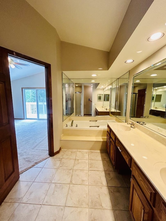 4797 Amber Cir, Hoffman Estates, IL 60192 - full bathroom with a jetted tub, double vanity, a stall shower, lofted ceiling, and recessed lighting
