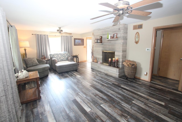 1005 Black Rd, Joliet, IL 60435 - living area with a ceiling fan, dark wood finished floors, and a fireplace
