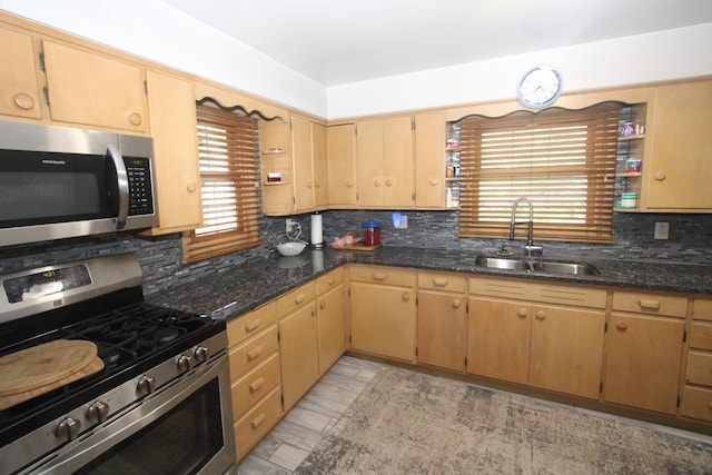 1005 Black Rd, Joliet, IL 60435 - kitchen with stainless steel appliances, tasteful backsplash, dark stone counters, and open shelves