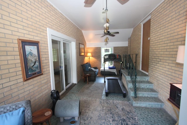 1005 Black Rd, Joliet, IL 60435 - exterior space with ceiling fan, brick wall, and lofted ceiling