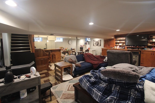 1005 Black Rd, Joliet, IL 60435 - living area featuring a dry bar, stairway, and recessed lighting