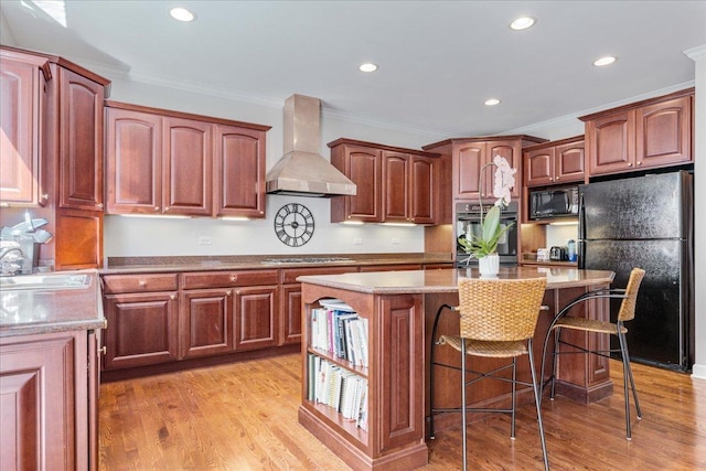 1781 Aberdeen Dr, Glenview, IL 60025 - kitchen featuring wall chimney exhaust hood, black appliances, ornamental molding, recessed lighting, and a kitchen bar