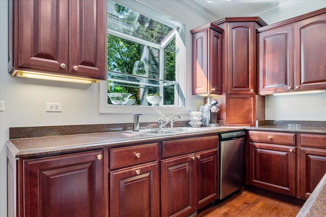 1781 Aberdeen Dr, Glenview, IL 60025 - kitchen featuring stainless steel dishwasher, ornamental molding, dark countertops, and wood finished floors