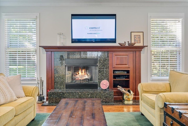 1781 Aberdeen Dr, Glenview, IL 60025 - living room featuring wood finished floors, ornamental molding, a fireplace, and plenty of natural light