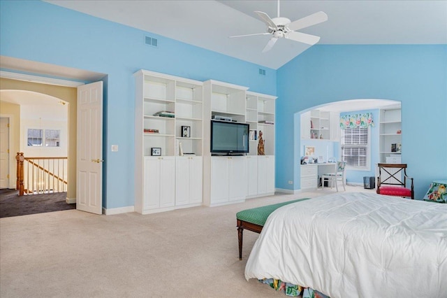 1781 Aberdeen Dr, Glenview, IL 60025 - bedroom with arched walkways, lofted ceiling, light carpet, and ceiling fan