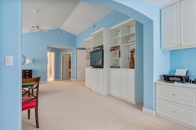 1781 Aberdeen Dr, Glenview, IL 60025 - kitchen featuring ceiling fan, light carpet, arched walkways, lofted ceiling, and open shelves