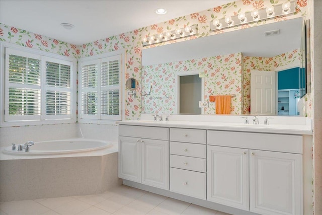 1781 Aberdeen Dr, Glenview, IL 60025 - full bath with wallpapered walls, double vanity, tile patterned flooring, and a garden tub