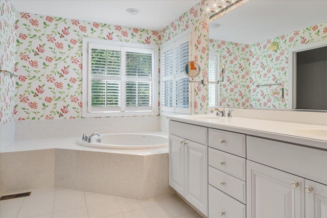 1781 Aberdeen Dr, Glenview, IL 60025 - bathroom with wallpapered walls, double vanity, a garden tub, and tile patterned flooring