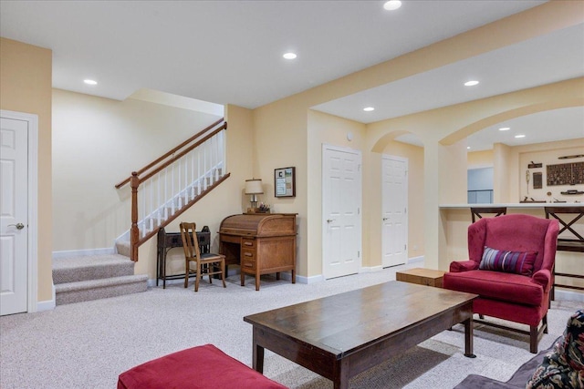1781 Aberdeen Dr, Glenview, IL 60025 - living room with stairs, carpet floors, recessed lighting, and arched walkways