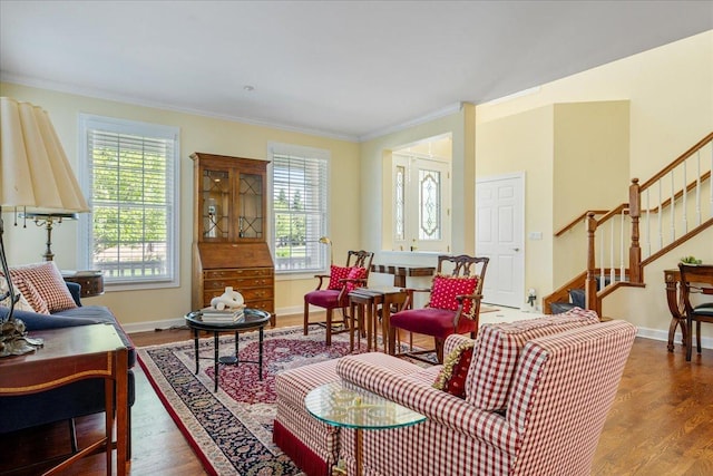 1781 Aberdeen Dr, Glenview, IL 60025 - living area featuring ornamental molding, stairway, and wood finished floors