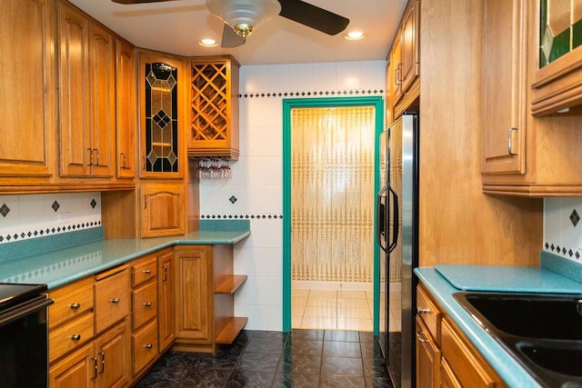 3427 Vollmer Rd Unit 209, Flossmoor, IL 60422 - kitchen with brown cabinetry, stainless steel fridge with ice dispenser, glass insert cabinets, a ceiling fan, and tile walls