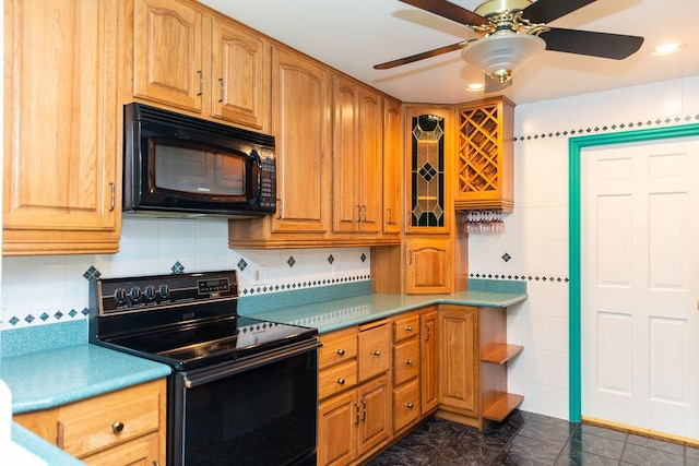 3427 Vollmer Rd Unit 209, Flossmoor, IL 60422 - kitchen with black appliances, a ceiling fan, tasteful backsplash, tile walls, and recessed lighting