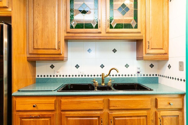 3427 Vollmer Rd Unit 209, Flossmoor, IL 60422 - kitchen with backsplash, glass insert cabinets, and freestanding refrigerator