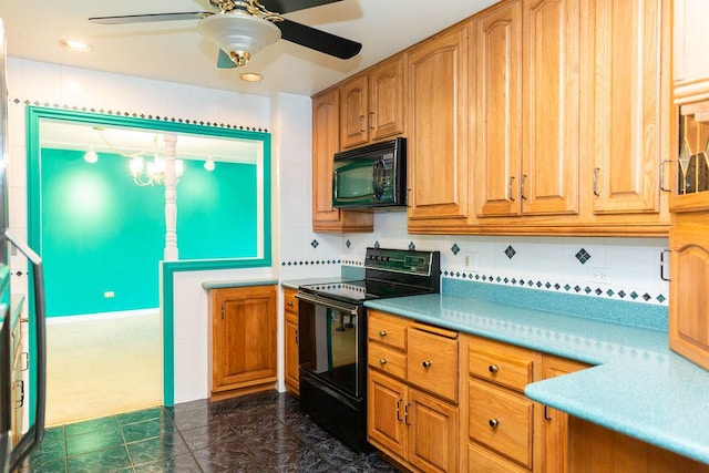 3427 Vollmer Rd Unit 209, Flossmoor, IL 60422 - kitchen featuring black appliances, ceiling fan, tasteful backsplash, brown cabinetry, and recessed lighting