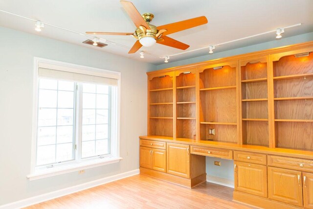 3427 Vollmer Rd Unit 209, Flossmoor, IL 60422 - unfurnished office featuring rail lighting, built in desk, light wood-type flooring, and a ceiling fan