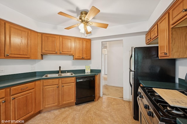 166 Willow Pkwy Unit 166, Buffalo Grove, IL 60089 - kitchen featuring dishwasher, brown cabinets, gas range, dark countertops, and ceiling fan