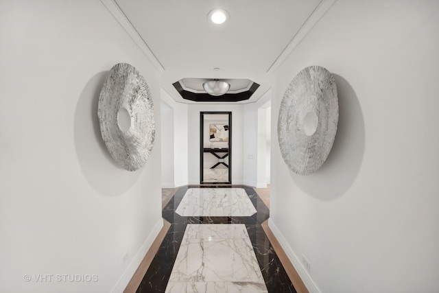 950 N Michigan Ave Unit 4904, Chicago, IL 60611 - hall with marble tiled floors, recessed lighting, ornamental molding, and inlaid floor details