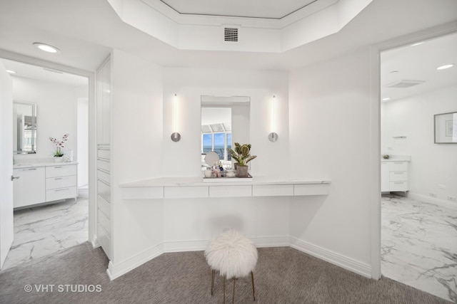 950 N Michigan Ave Unit 4904, Chicago, IL 60611 - full bathroom featuring marble look tiles, vanity, a tray ceiling, and recessed lighting