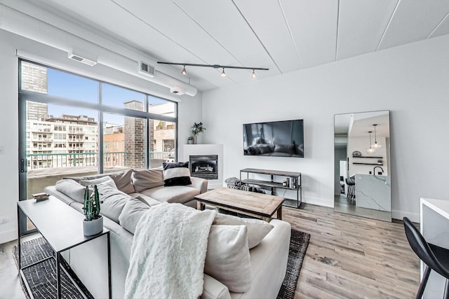 920 W Madison St Unit F8, Chicago, IL 60607 - living room with rail lighting, light wood-type flooring, and a glass covered fireplace