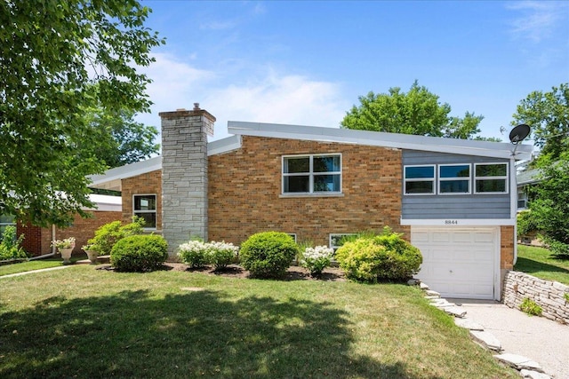 8844 Laramie Ave, Skokie, IL 60077 - view of front of home featuring brick siding, a front yard, a chimney, and a garage