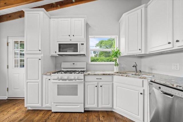 8844 Laramie Ave, Skokie, IL 60077 - kitchen featuring white appliances, white cabinetry, and light stone counters