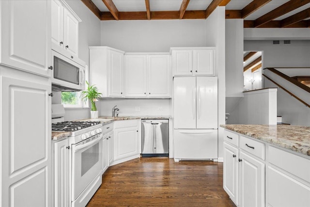 8844 Laramie Ave, Skokie, IL 60077 - kitchen featuring white appliances, white cabinetry, dark wood-type flooring, light stone countertops, and beam ceiling