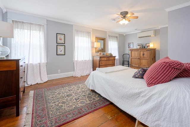 314 Elk St, Galena, IL 61036 - bedroom with a wall mounted air conditioner, ornamental molding, multiple windows, and hardwood / wood-style floors