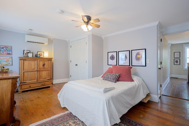 314 Elk St, Galena, IL 61036 - bedroom featuring a wall mounted AC, hardwood / wood-style flooring, crown molding, and a ceiling fan