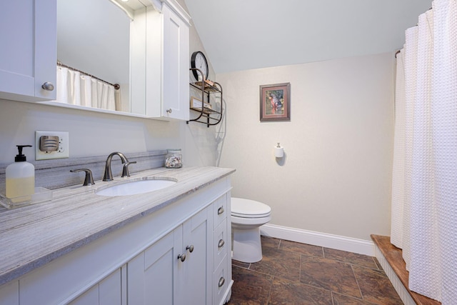 314 Elk St, Galena, IL 61036 - bathroom with vanity, stone finish flooring, a shower with shower curtain, and vaulted ceiling