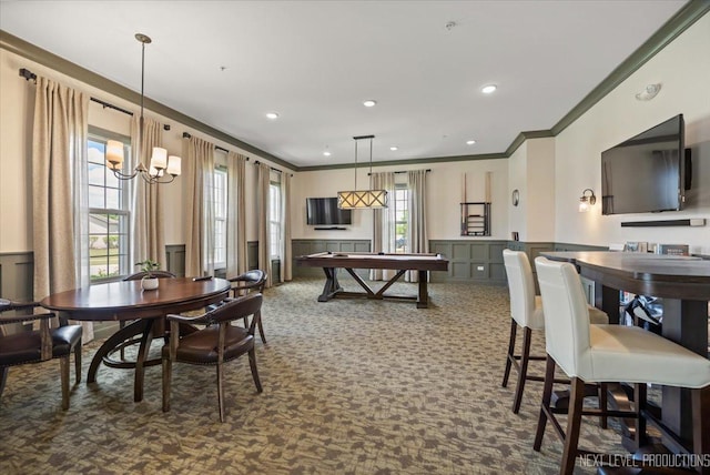 1126 Mandalay Ln Unit 1126, Bolingbrook, IL 60490 - dining room with crown molding, a decorative wall, a chandelier, a wainscoted wall, and billiards table