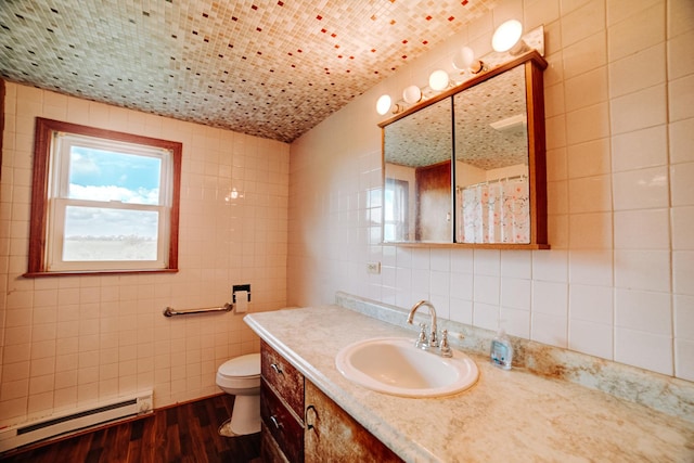 2371 N 3100 E Rd, Donovan, IL 60931 - bathroom featuring a baseboard radiator, tile walls, wood finished floors, vanity, and tasteful backsplash