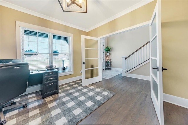 1504 Jacobs Blvd, Champaign, IL 61822 - home office with french doors, crown molding, dark wood finished floors, and a chandelier