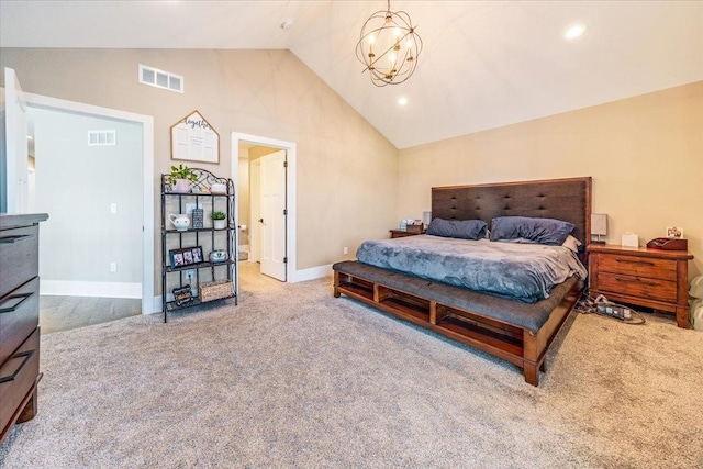 1504 Jacobs Blvd, Champaign, IL 61822 - carpeted bedroom with a chandelier, high vaulted ceiling, and recessed lighting