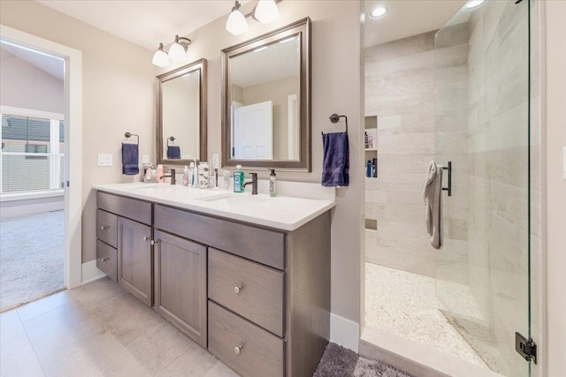 1504 Jacobs Blvd, Champaign, IL 61822 - bathroom featuring a stall shower, double vanity, tile patterned flooring, and recessed lighting