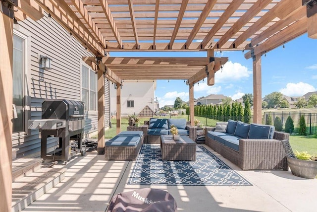 1504 Jacobs Blvd, Champaign, IL 61822 - fenced backyard with an outdoor living space, a pergola, a patio, and grilling area