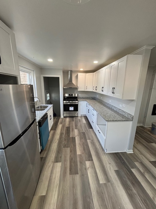 14248 Avalon Ave, Dolton, IL 60419 - kitchen featuring appliances with stainless steel finishes, wall chimney exhaust hood, dark wood-type flooring, light stone countertops, and white cabinetry