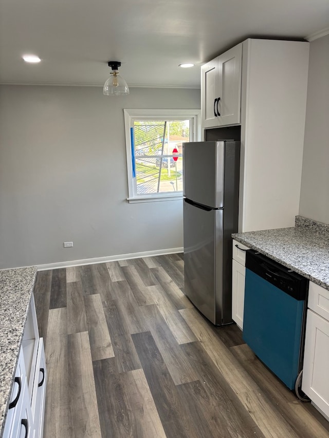 14248 Avalon Ave, Dolton, IL 60419 - kitchen with freestanding refrigerator, dishwashing machine, light stone countertops, dark wood-type flooring, and white cabinetry