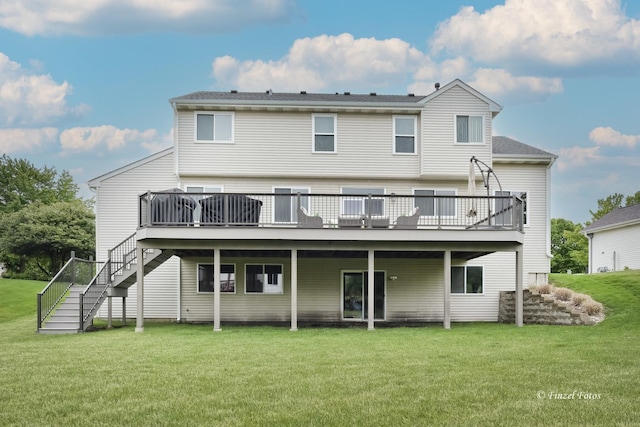 2012 Spring Creek Ln, Mchenry, IL 60050 - rear view of house with a wooden deck, a yard, and stairway