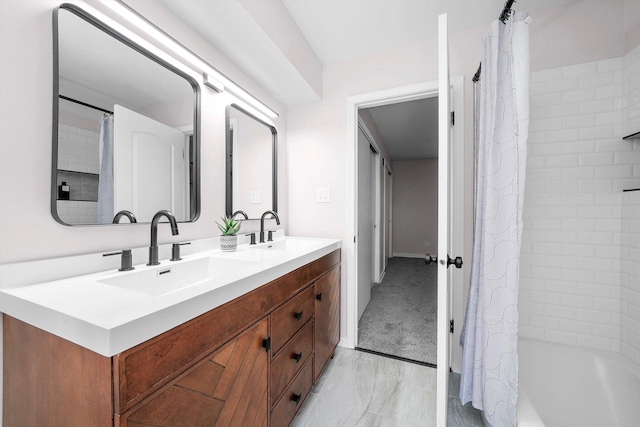 10417 Massasoit Ave, Oak Lawn, IL 60453 - full bathroom with double vanity, marble look tile flooring, and shower / bath combination with curtain