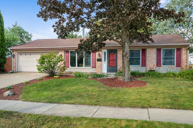 211 David Dr, Streamwood, IL 60107 - ranch-style home featuring a garage, driveway, a front yard, and brick siding
