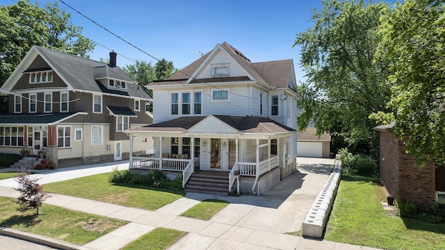 611 S Hennepin Ave, Dixon, IL 61021 - victorian-style house with covered porch, concrete driveway, a front lawn, an outdoor structure, and a chimney