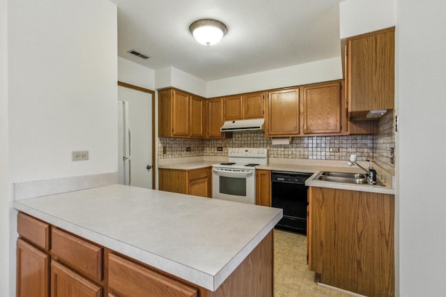2S772 Timber Dr, Warrenville, IL 60555 - kitchen with white appliances, under cabinet range hood, a peninsula, light countertops, and tasteful backsplash