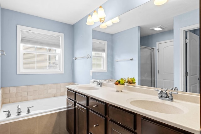 1312 Wicklow Dr, Bloomington, IL 61705 - full bathroom with plenty of natural light, a garden tub, double vanity, and a stall shower